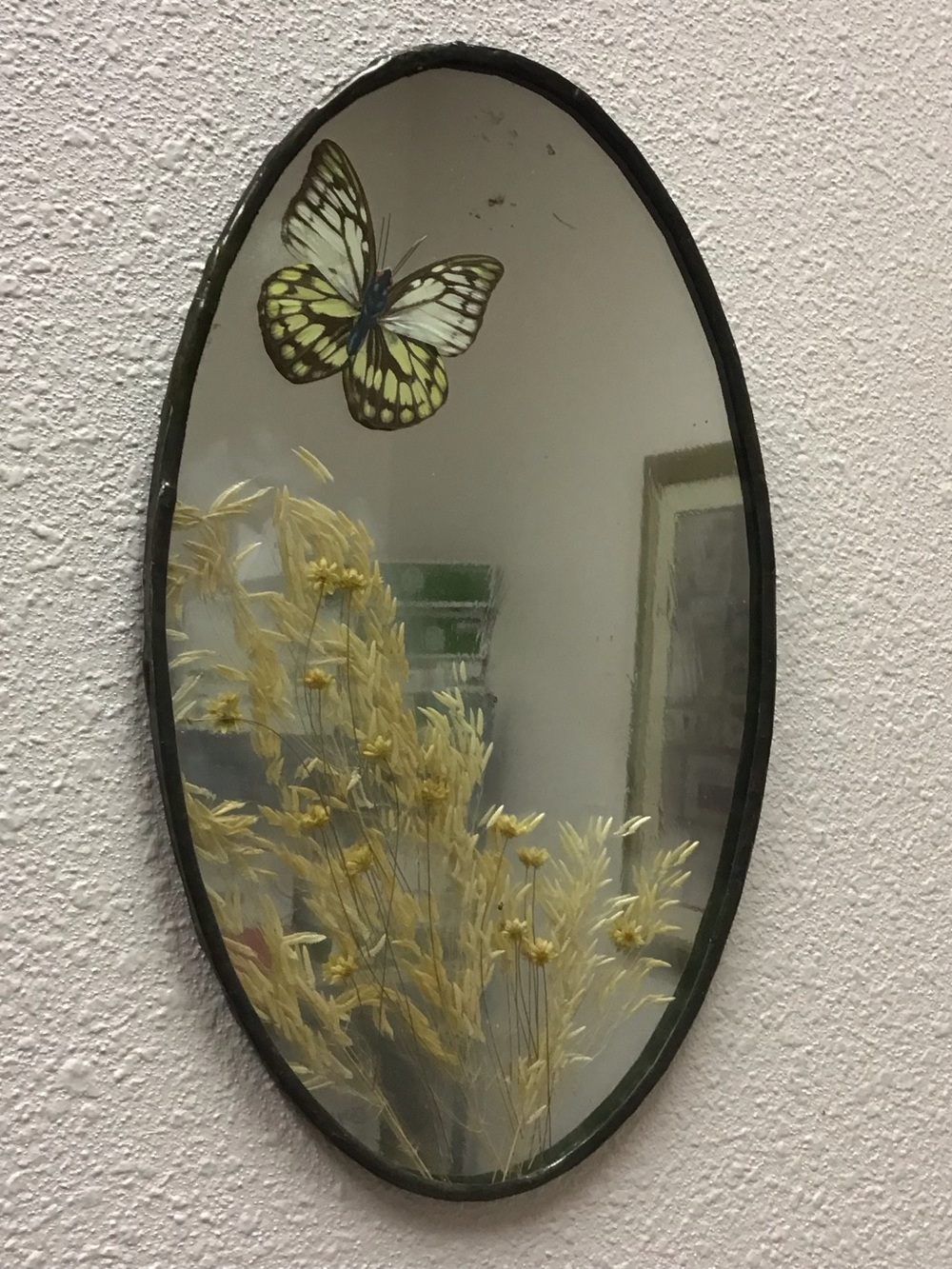 Vintage Handcrafted Oval Soldered Mirror with Pressed Butterfly Wheat